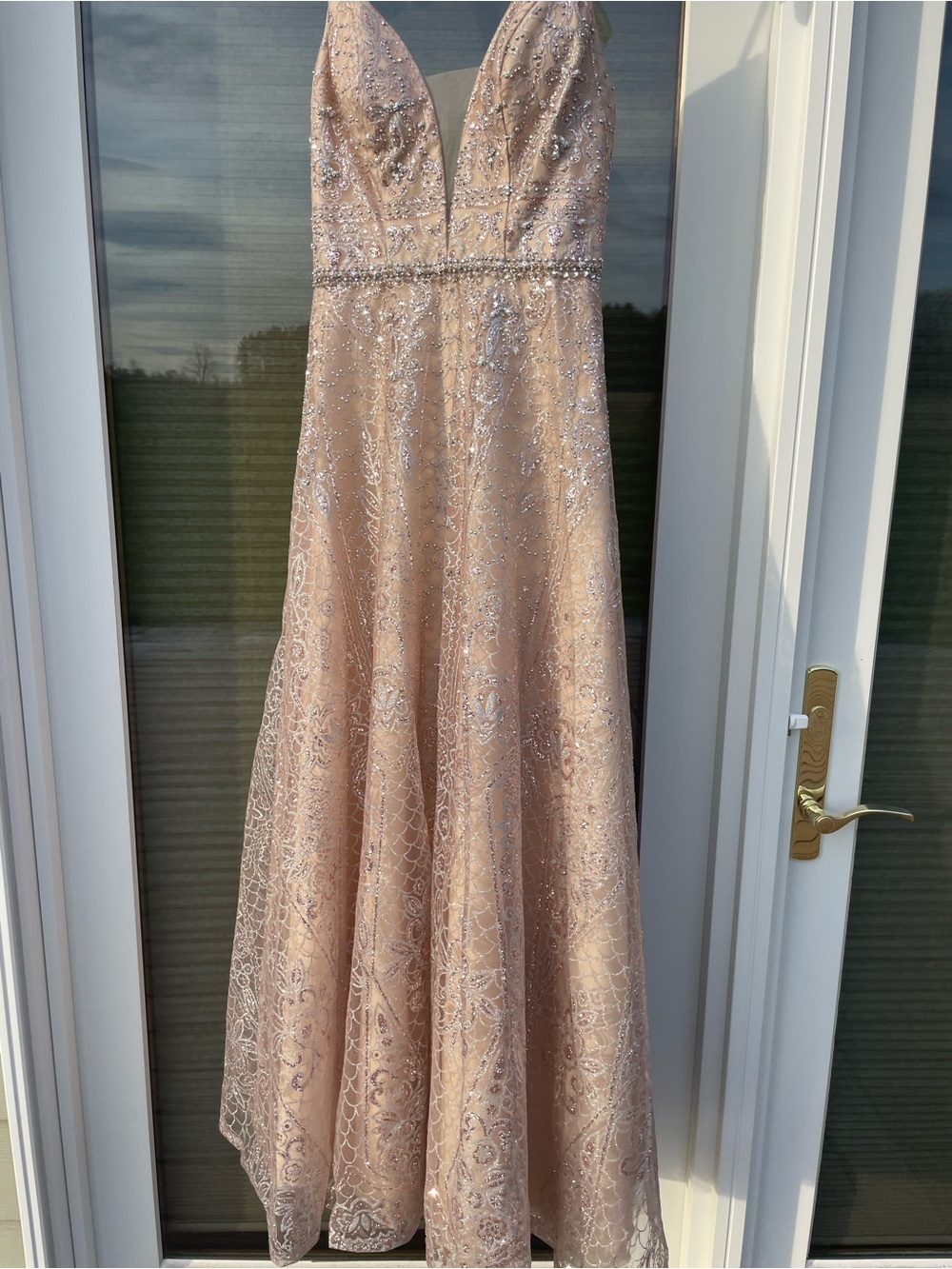 Nina Canacci Rose Gold Prom Gown with Beaded Waist